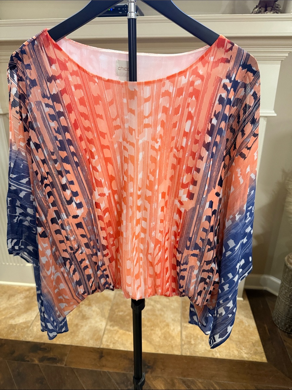 Chico's Coral and Navy Pleated Sleeveless Pattern Top